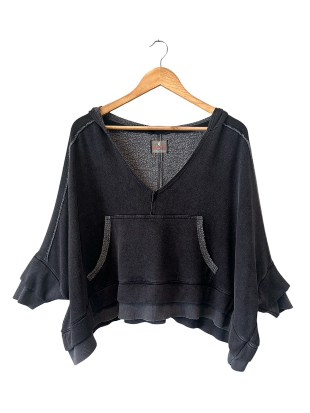 Free People Movement Bonfire Hoodie Black Cropped Oversized V Neck Slouchy XS